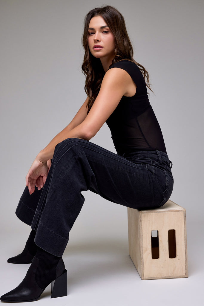 [HAPPI] Charcoal Wash Stretch Pintuck Mid Rise Comfort Flare