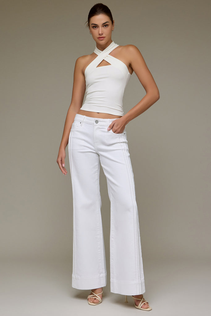 [HAPPI] White Denim Pintuck Mid Rise Comfort Flare