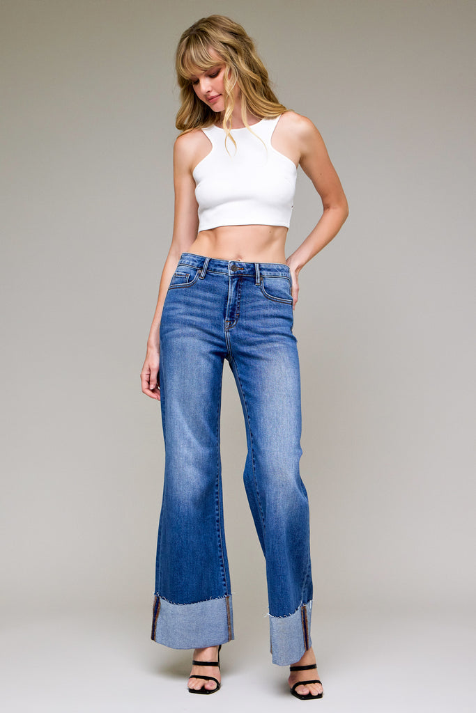[HAPPI] Medium Wash Clean Cuffed High Rise Comfort Flare