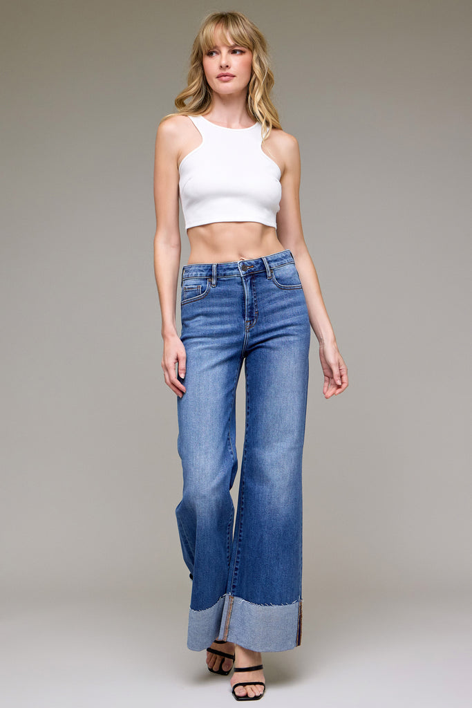[HAPPI] Medium Wash Clean Cuffed High Rise Comfort Flare