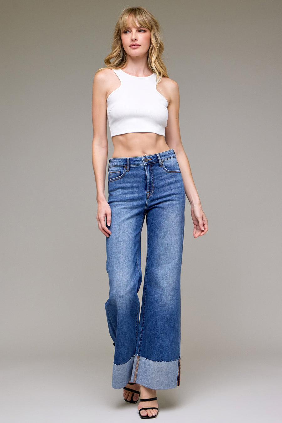 [HAPPI] Medium Wash Clean Cuffed High Rise Comfort Flare