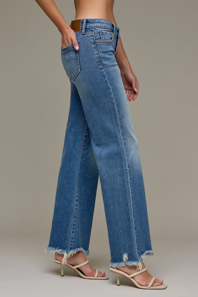[HAPPI] Medium Wash Low Rise 32" Inseam Uneven Hem Comfort Flare