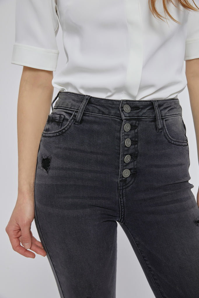 [HAPPI] BLACK DISTRESSED CROPPED FLARE