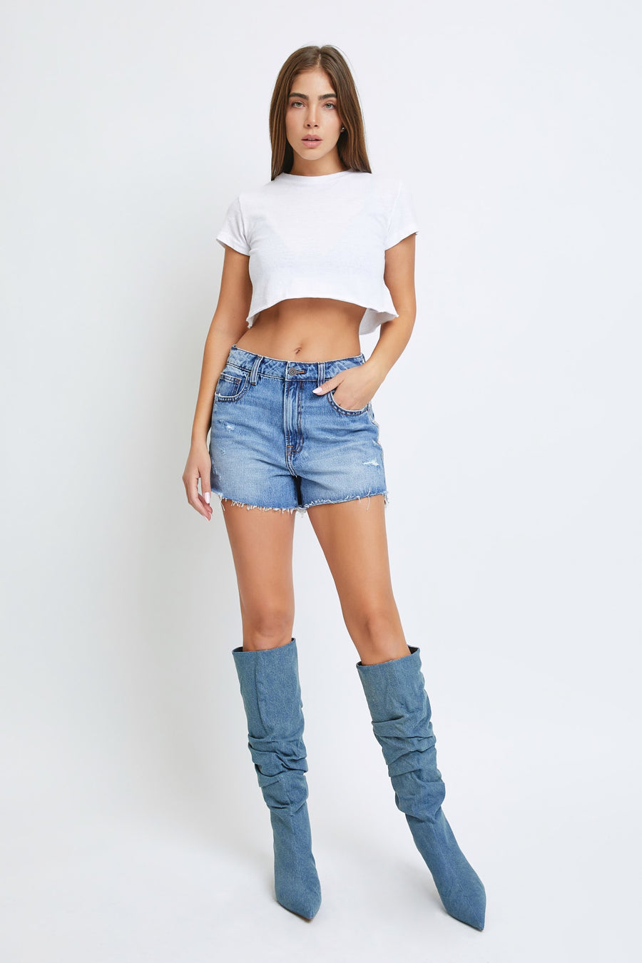 [FINN] MEDIUM WASH RHINESTONE 3" INSEAM HIGH RISE SHORTS