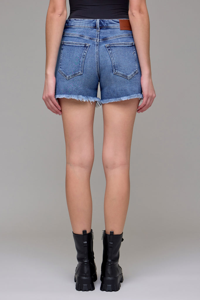 [RILEY] Medium Wash Frayed Hem Stretch Boyfriend Shorts