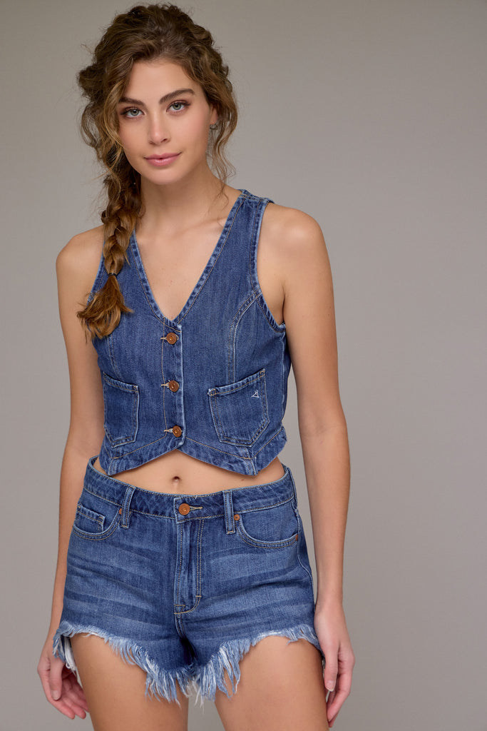 [SOFIE] Dark Wash Heavy Fray Hem Super Soft Mom Short