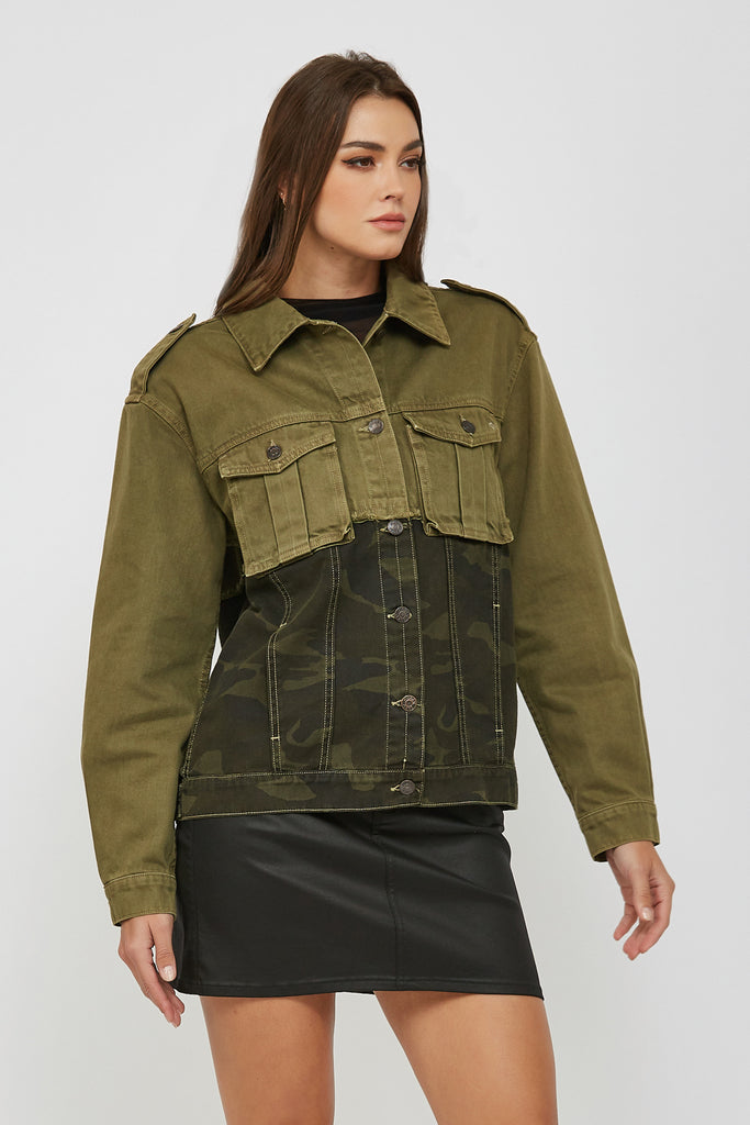 [REBEL] OLIVE DOUBLE DENIM CLASSIC FITTED JACKET