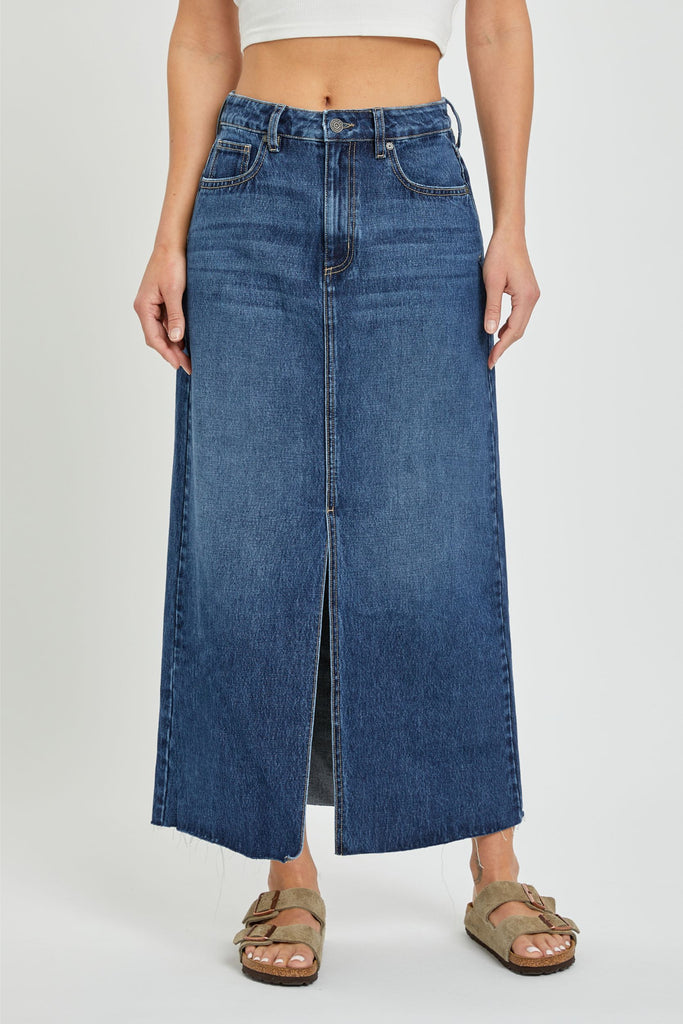 [PEYTON] DARK WASH MIDI SKIRT – HIDDEN JEANS