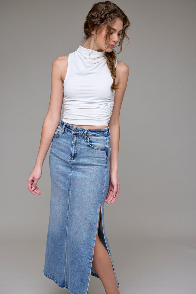 [PEYTON] Medium Light Side Slit Stretch Midi Skirt