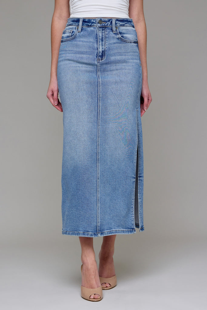 [PEYTON] Medium Light Side Slit Stretch Midi Skirt