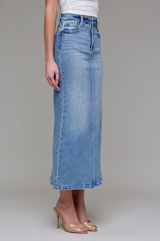 [PEYTON] Medium Light Side Slit Stretch Midi Skirt
