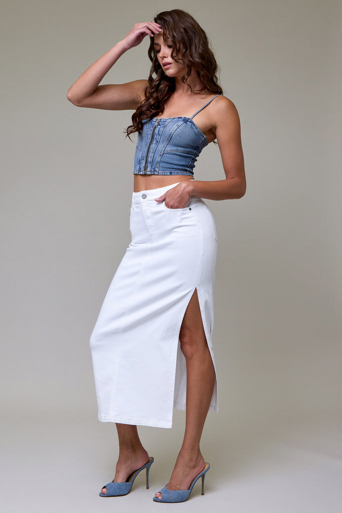[PEYTON] WHITE SIDE SLIT STRETCH MIDI SKIRT