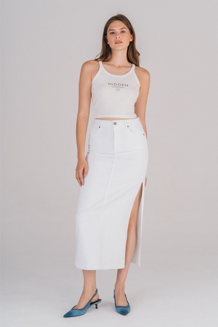 [PEYTON] WHITE SIDE SLIT STRETCH MIDI SKIRT