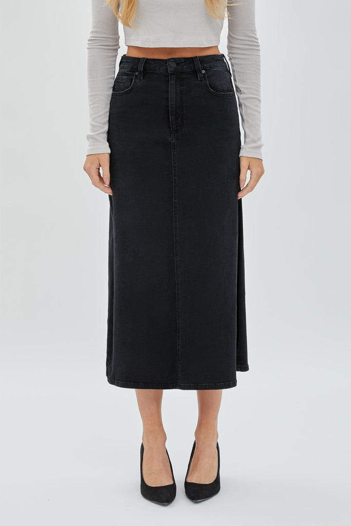 [PEYTON] BLACK SIDE SLIT STRETCH MIDI SKIRT