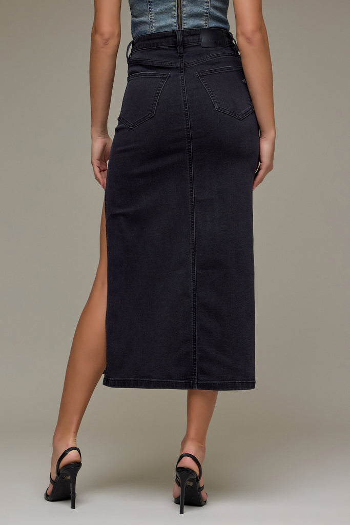 [PEYTON] Black Side Slit Stretch Midi Skirt