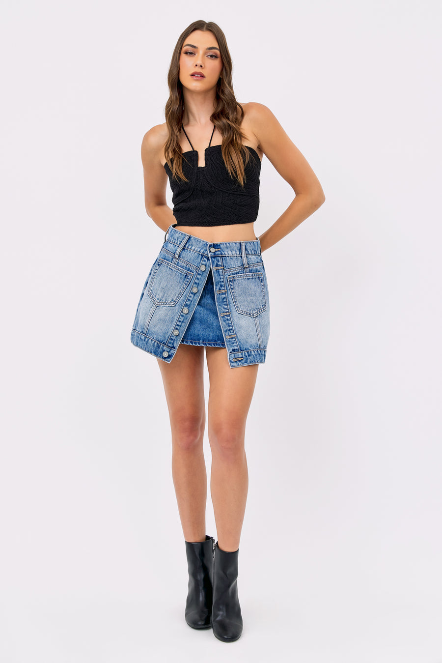 [PEYTON] MEDIUM LIGHT BUTTON AND ZIP 14" MINI SKIRT