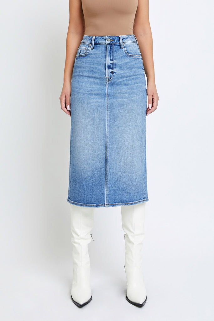 PEYTON MEDIUM WASH BACK SLIT MIDI PENCIL SKIRT HIDDEN JEANS
