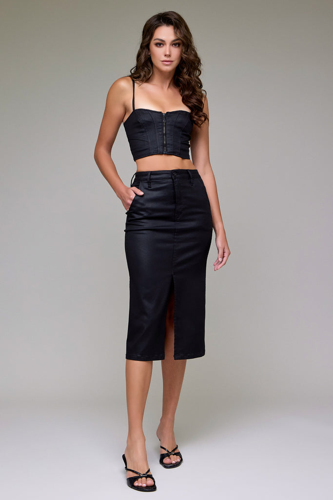 [PEYTON] Coated High Rise Front Slit Midi Skirt
