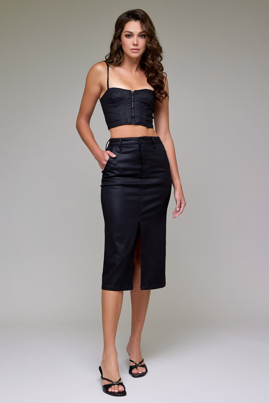 [PEYTON] Coated High Rise Front Slit Midi Skirt