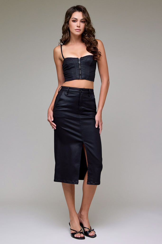 [PEYTON] Coated High Rise Front Slit Midi Skirt