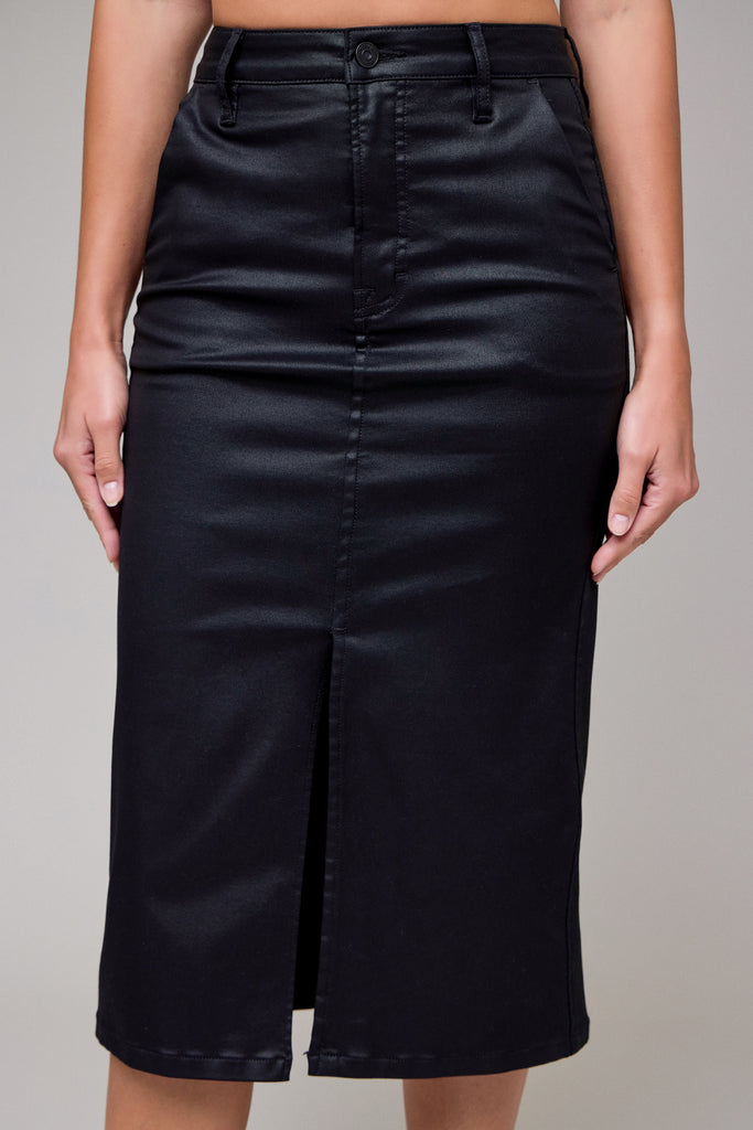 [PEYTON] Coated High Rise Front Slit Midi Skirt