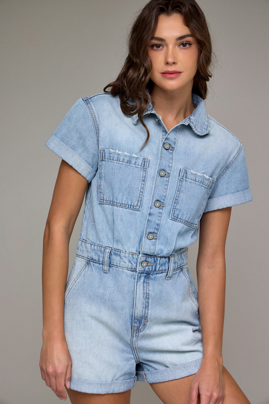 [DYLAN] Medium Light Classic Denim Short Romper