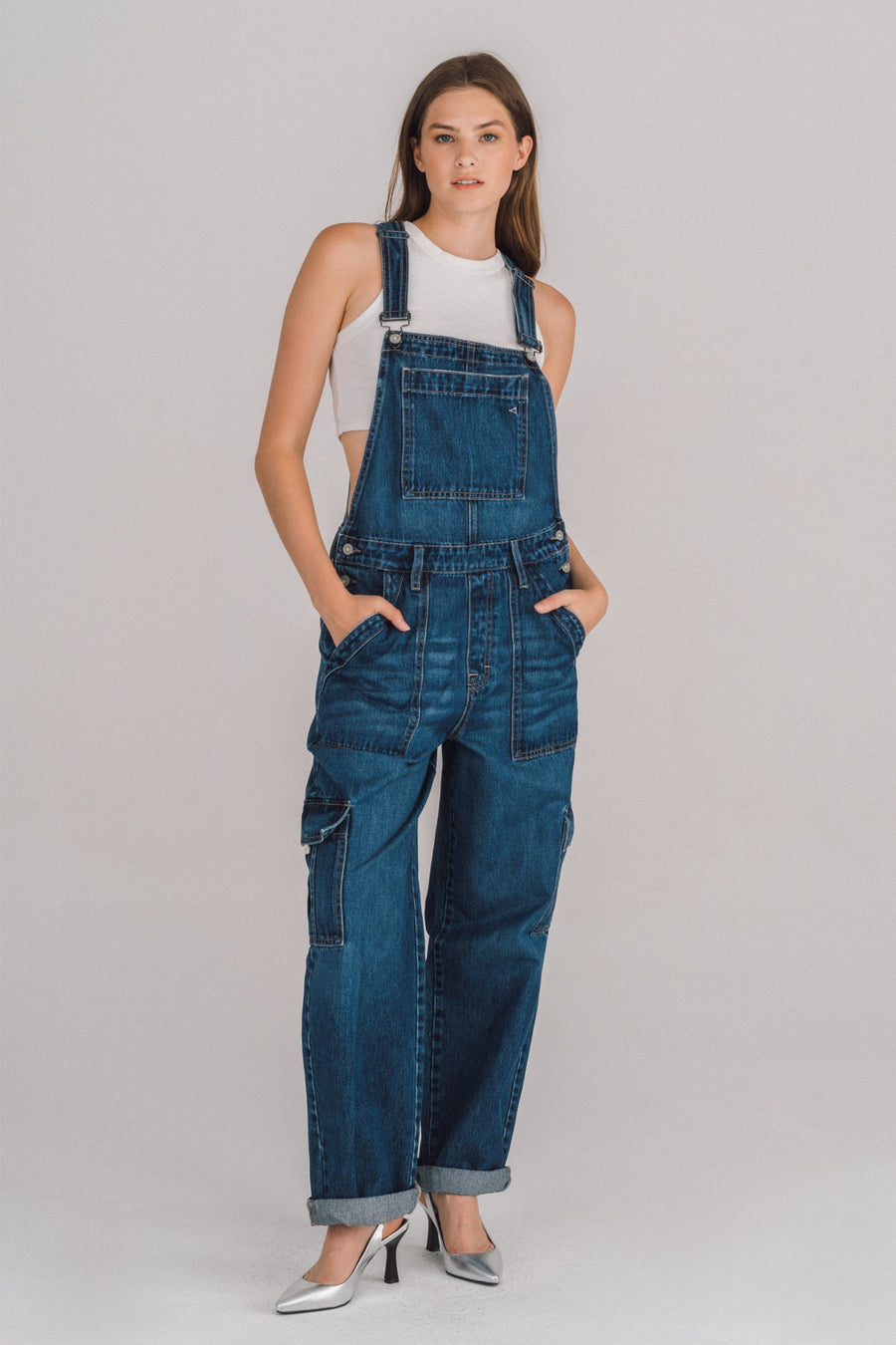 [DYLAN] DARK WASH BAGGY CARGO OVERALLS