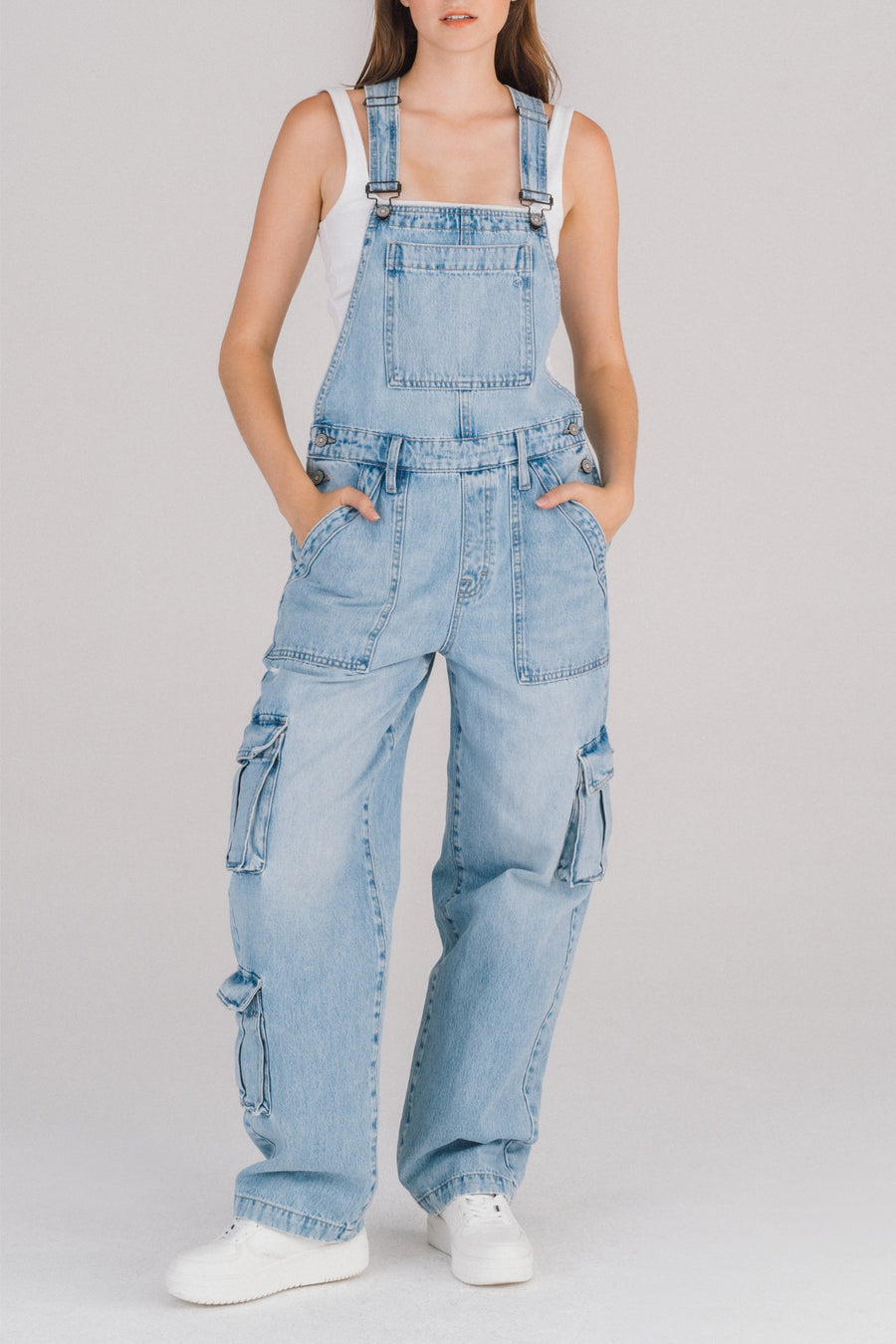 [DYLAN] LIGHT WASH BAGGY CARGO OVERALLS