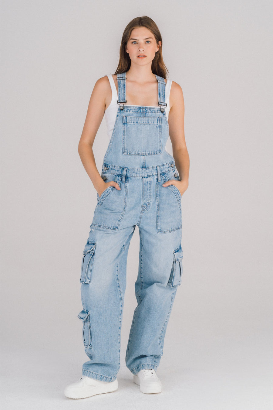 [DYLAN] LIGHT WASH BAGGY CARGO OVERALLS