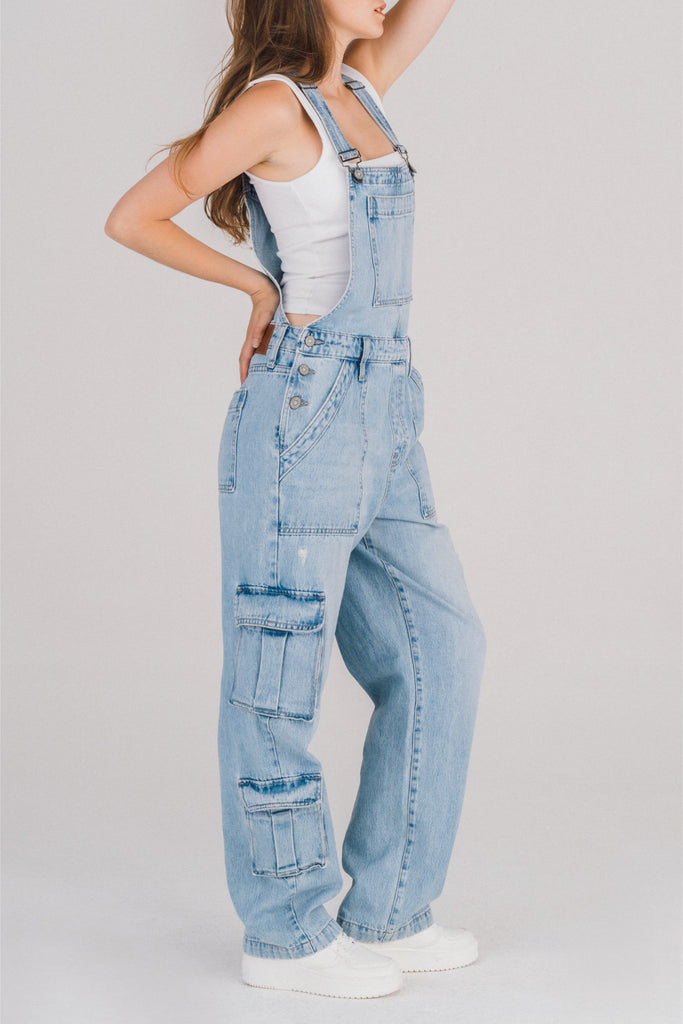 [DYLAN] LIGHT WASH BAGGY CARGO OVERALLS