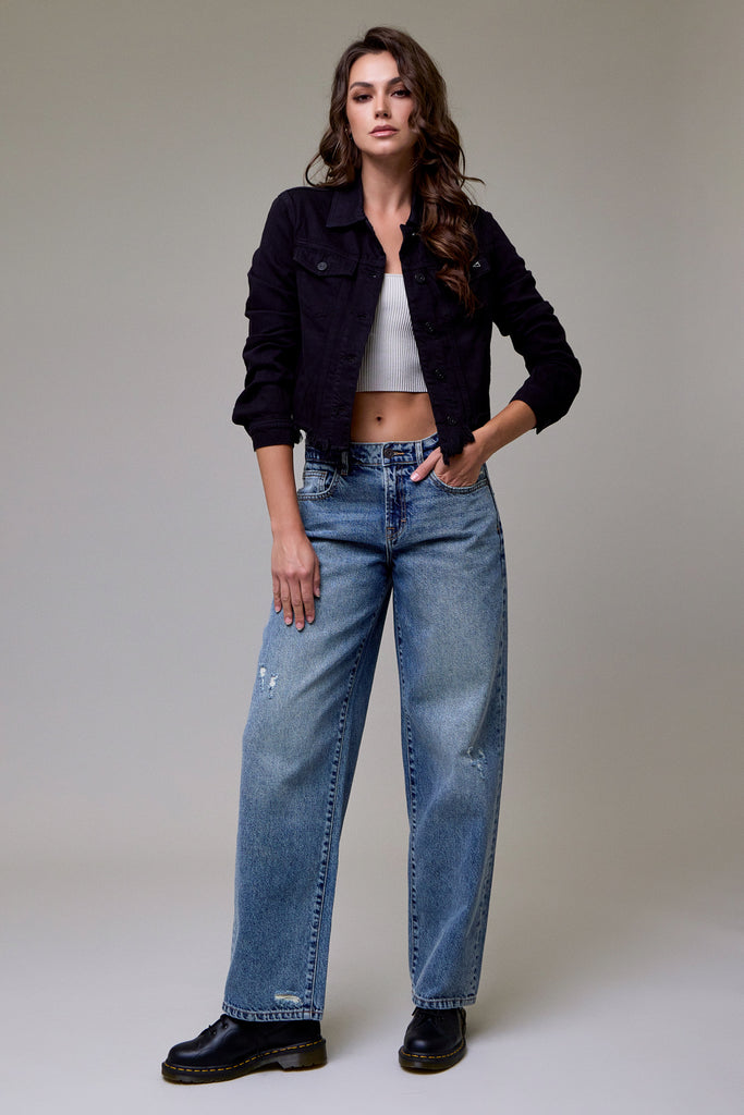 [REBEL] BLACK FRAYED BOTTOM FITTED JACKET
