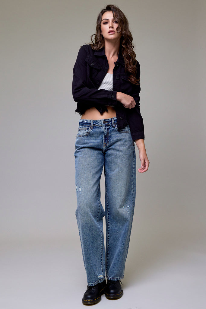 [REBEL] BLACK FRAYED BOTTOM FITTED JACKET