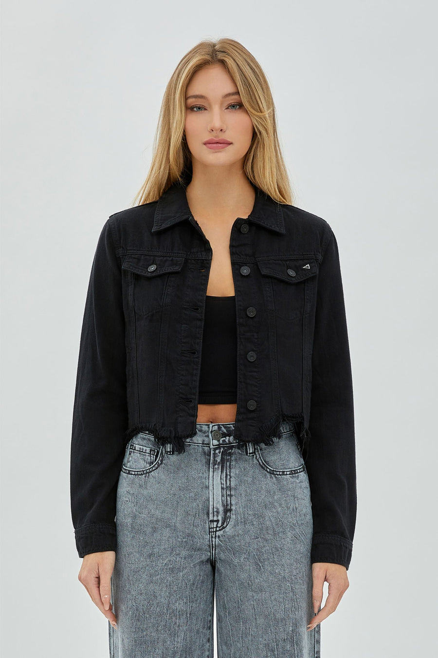 [REBEL] BLACK FRAYED BOTTOM FITTED JACKET