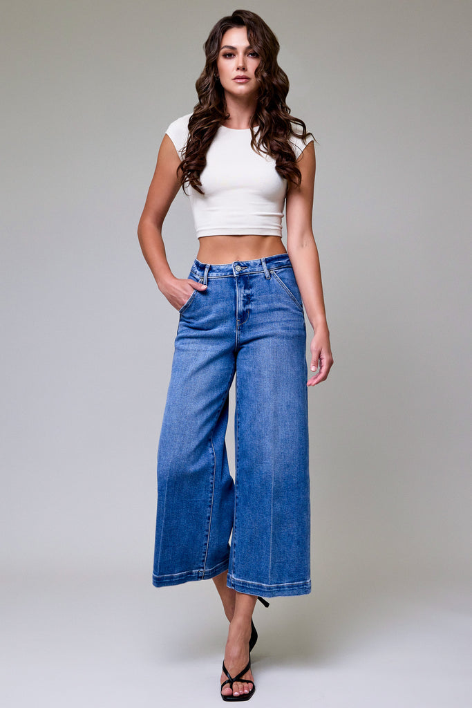 [NORI] Dark Wash Clean Cropped Wide leg Trouser