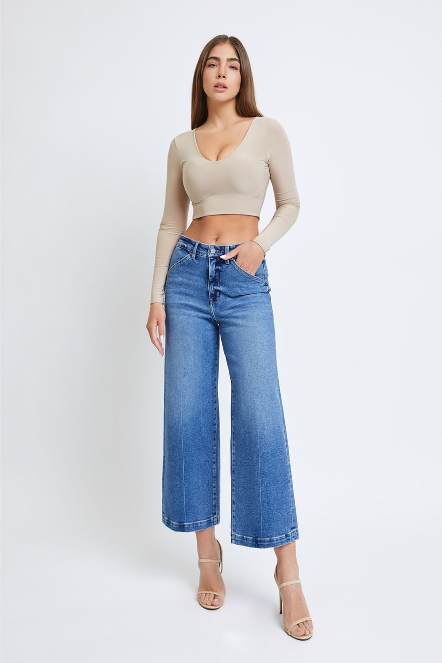 [NORI] DARK WASH CLEAN CROPPED WIDELEG TROUSER