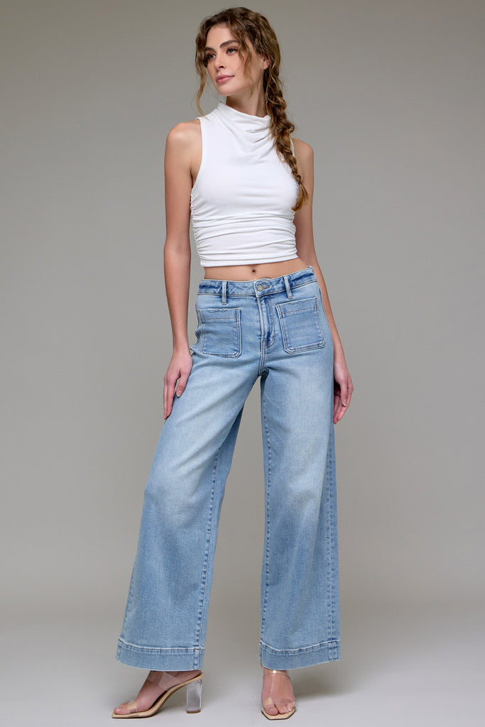 [NORI] Light Wash Front Pocket Stretch Wide leg