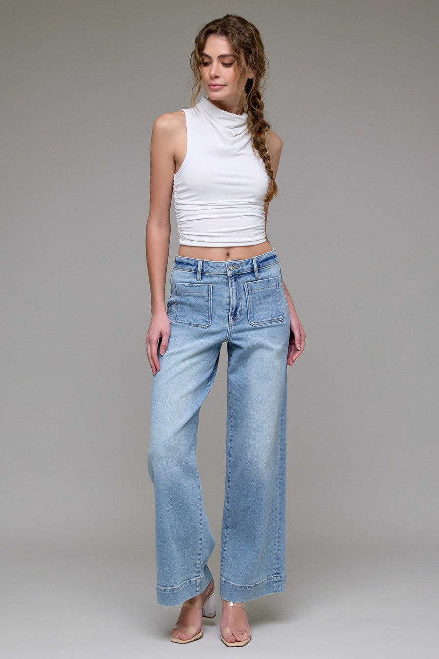 [NORI] Light Wash Front Pocket Stretch Wide leg