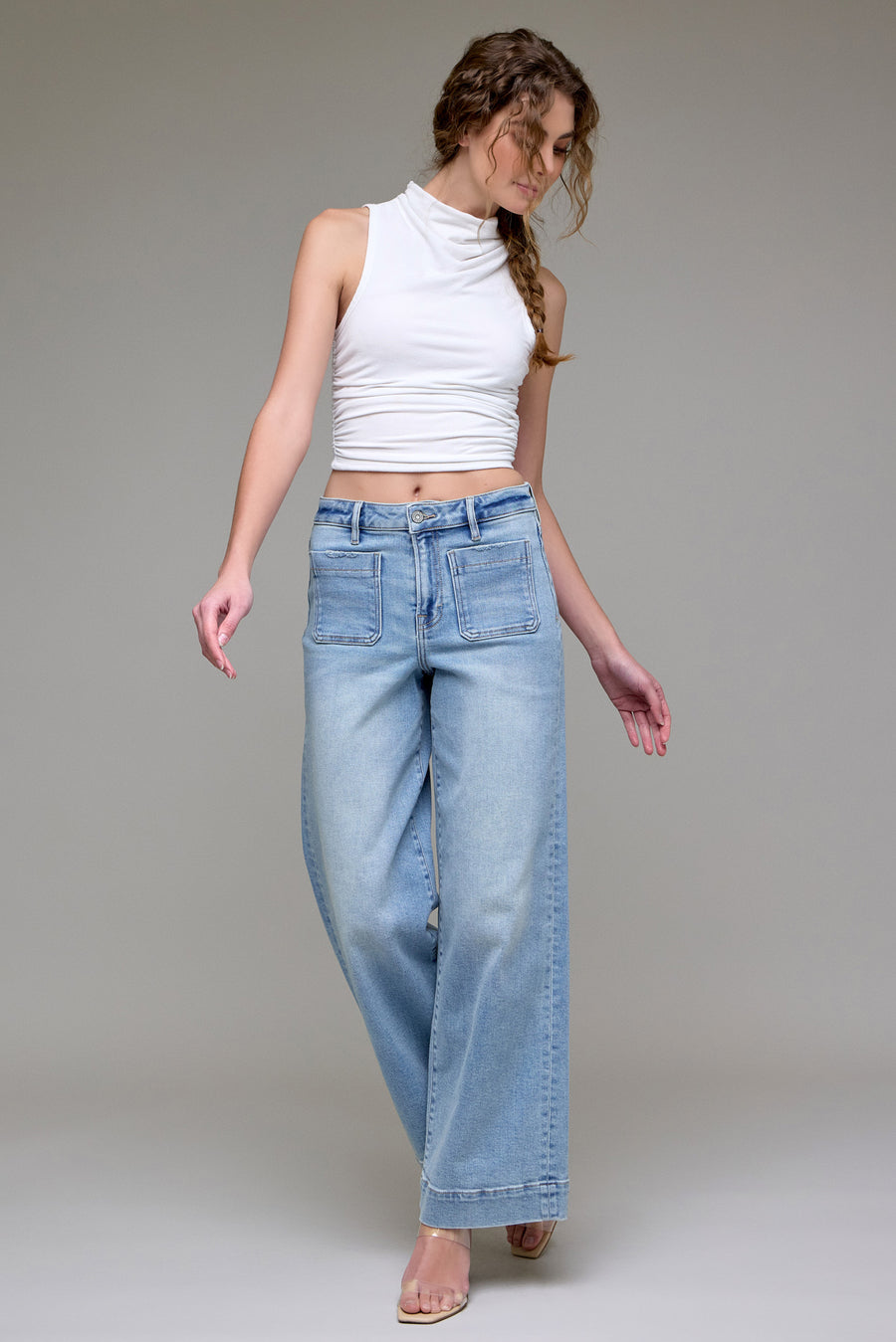 [NORI] Light Wash Front Pocket Stretch Wide leg