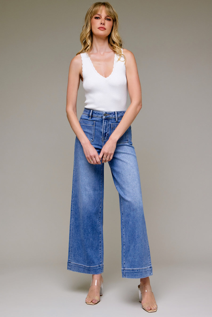 [NORI] Medium Dark Wash Front Pocket Stretch Wide leg
