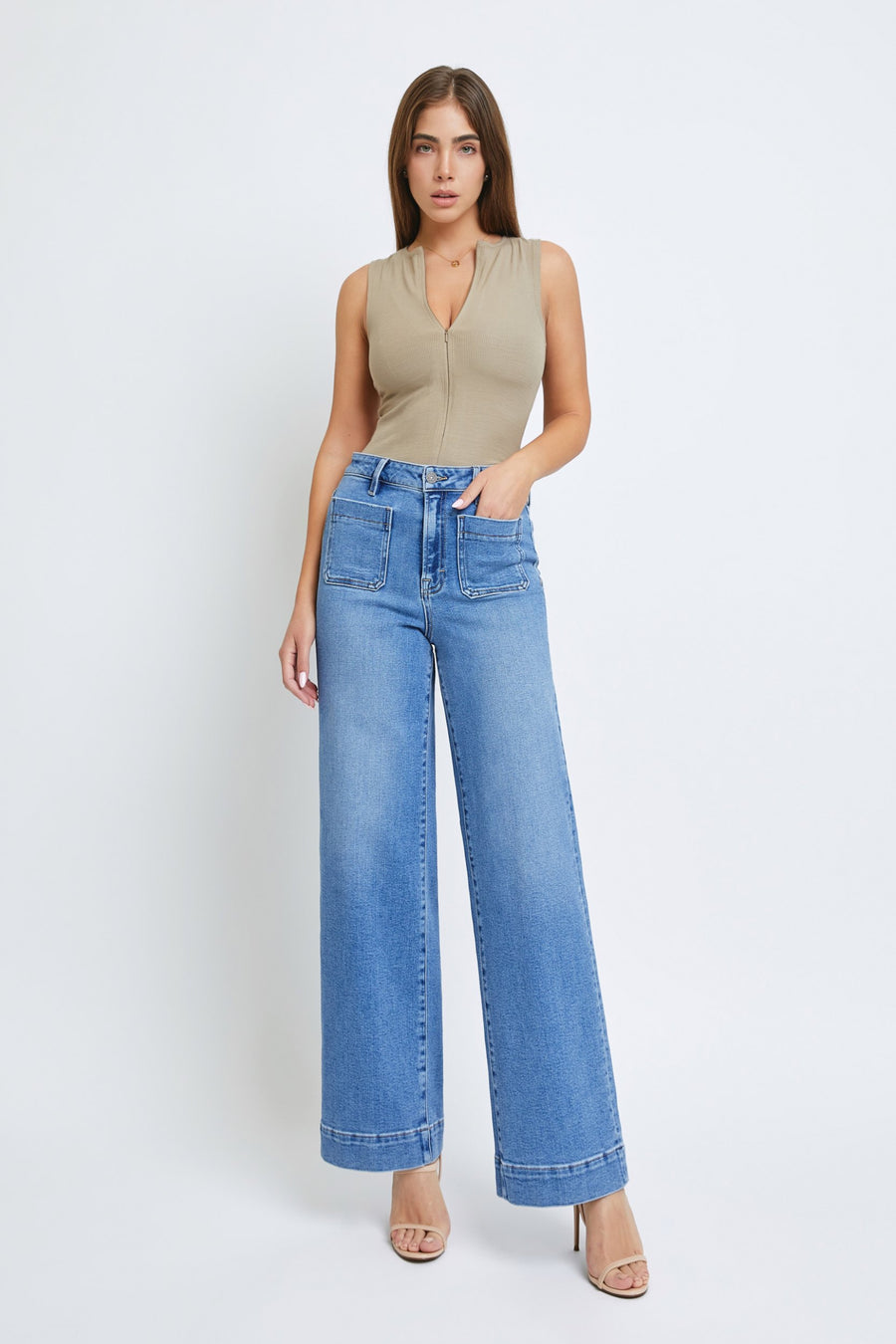 [NORI] MEDIUM WASH FRONT POCKET STREACH WIDELEG