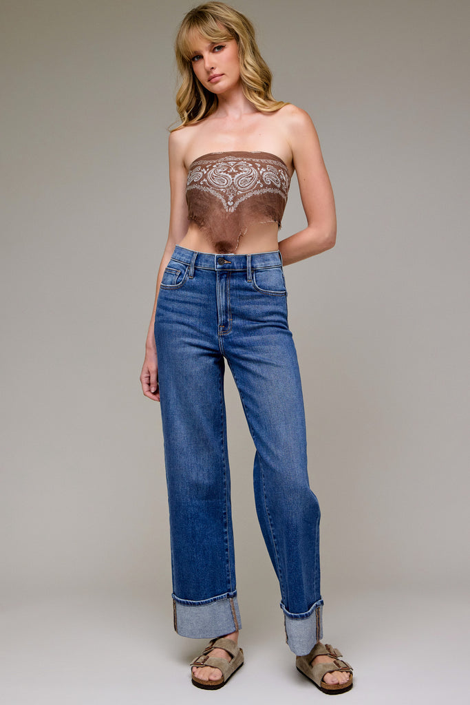 [LOGAN] Dark Wash Cuffed Stretch Clean Dad Jean