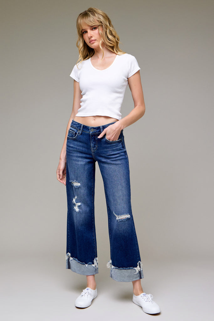 [LOGAN] Medium Dark Distressed Cuff Mid Rise Dad Jean