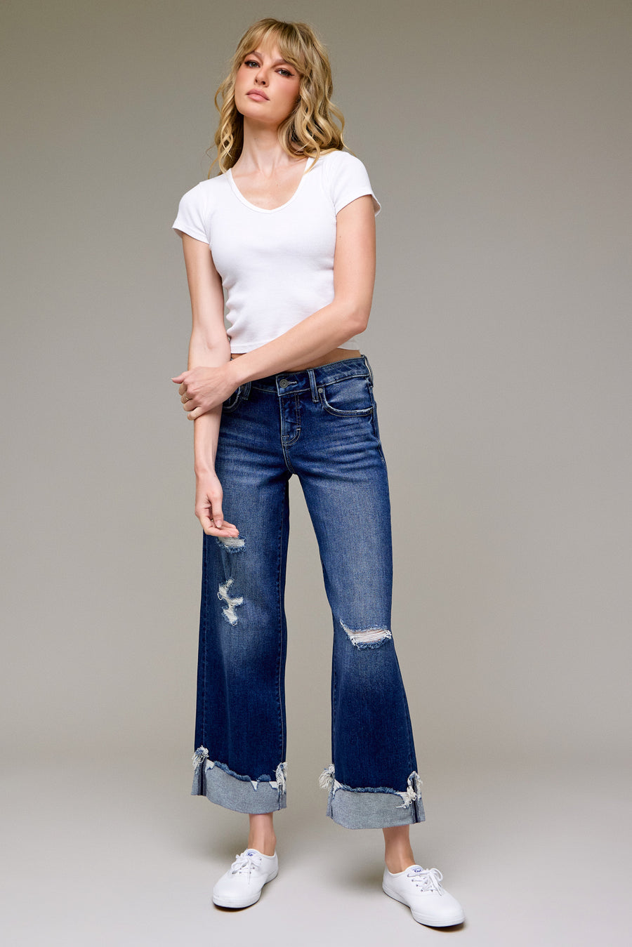 [LOGAN] Medium Dark Distressed Cuff Mid Rise Dad Jean