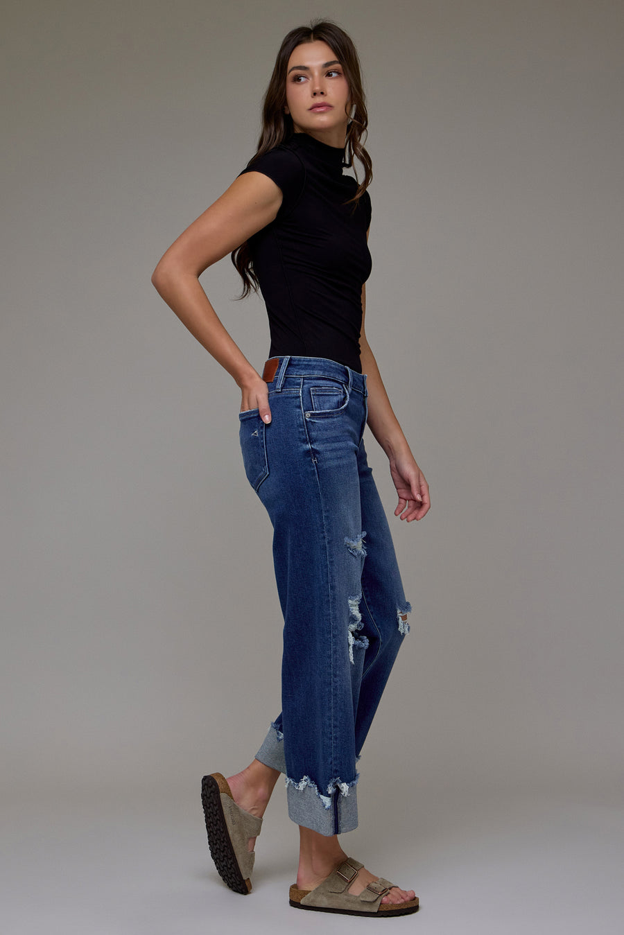 Medium Dark Distressed Cuff Mid Rise Dad Jean