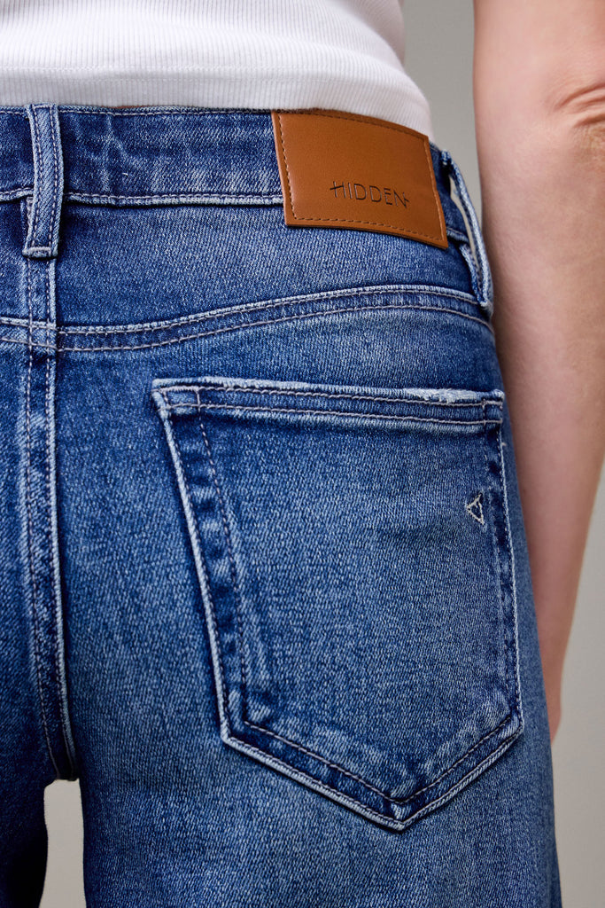 [LOGAN] Medium Dark Distressed Cuff Mid Rise Dad Jean