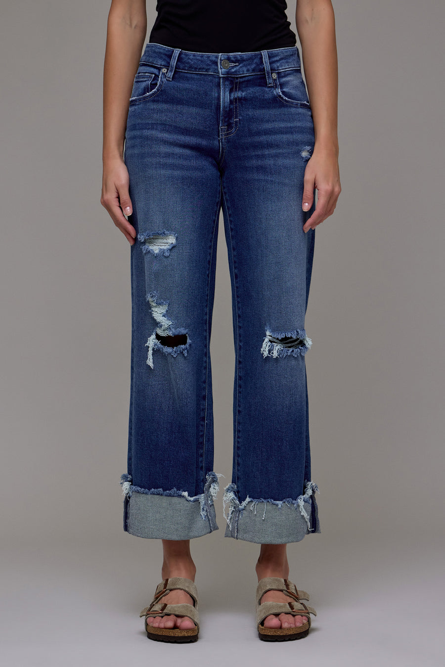 Medium Dark Distressed Cuff Mid Rise Dad Jean