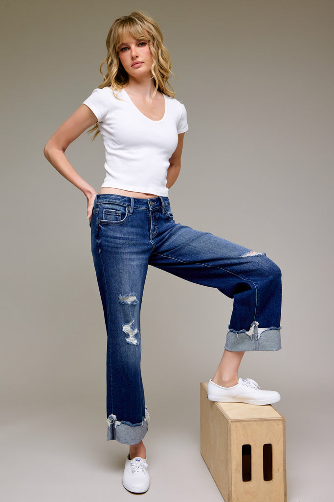 [LOGAN] Medium Dark Distressed Cuff Mid Rise Dad Jean