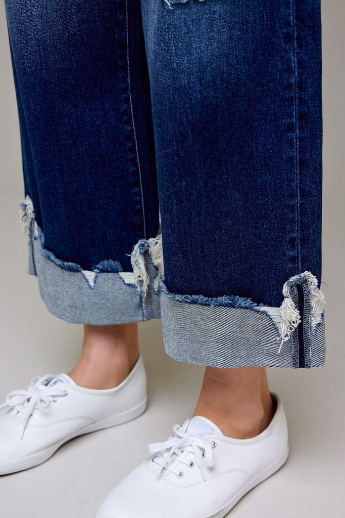 [LOGAN] Medium Dark Distressed Cuff Mid Rise Dad Jean
