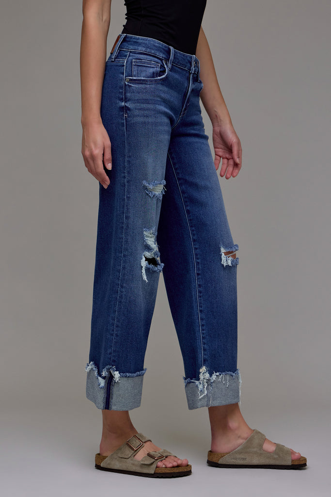 Medium Dark Distressed Cuff Mid Rise Dad Jean