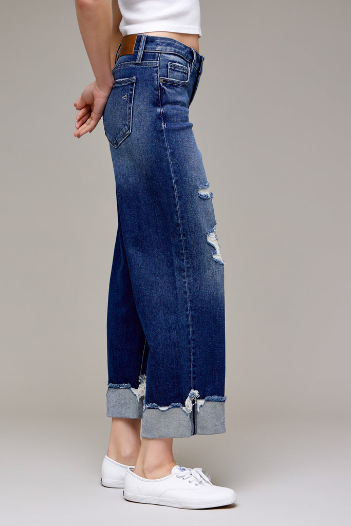 [LOGAN] Medium Dark Distressed Cuff Mid Rise Dad Jean